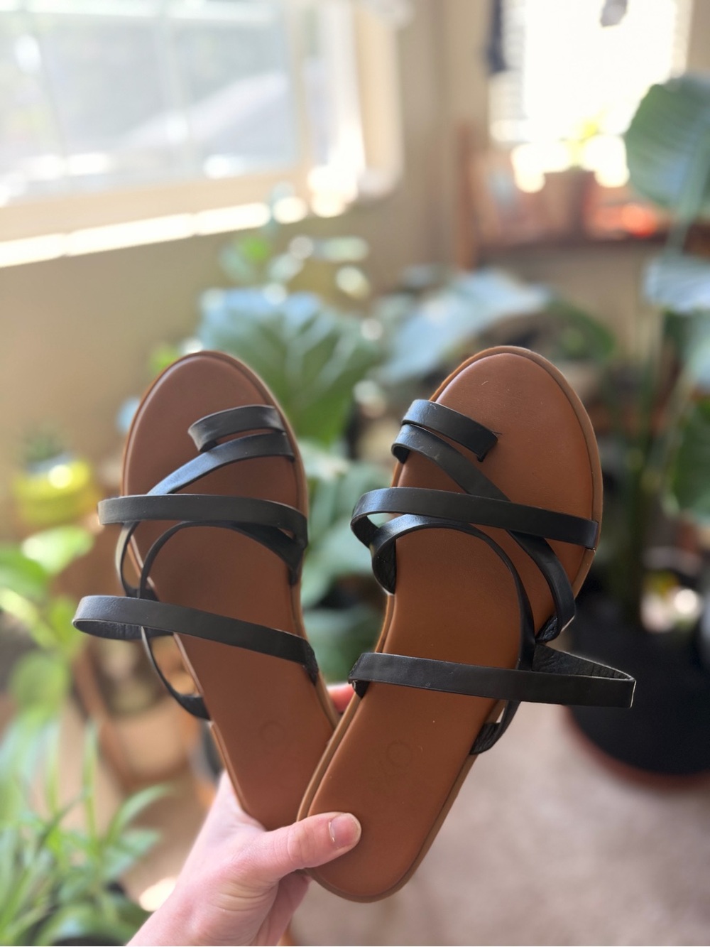 Women's Black Strappy Flat Sandals - Brown Footbed size 8